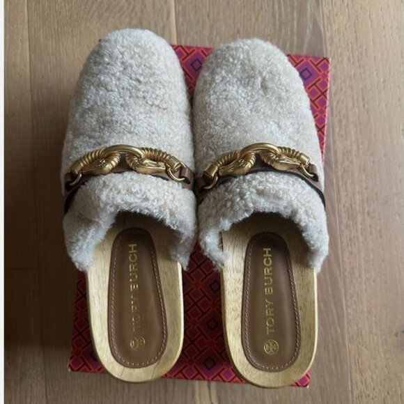 Brand New Tory Burch sz 9.5 Jessa Shearling Clogs buttermilk/royal tan 84927 - Picture 7 of 9